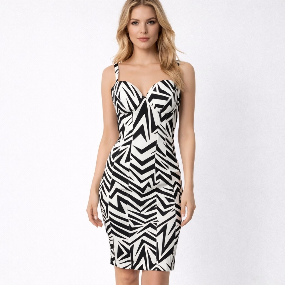 Kardashian Kollection Dress L Black & White Zig Zag Print Bodycon Bustier 11/3